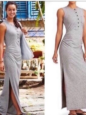 Athleta gray maxi dress micro stripe Henley size small